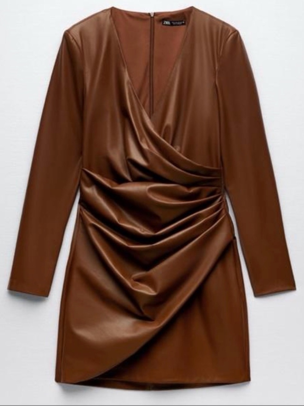 ZARA Brown Faux Leather Draped Ruched Wrap Mini Dress Size M - Picture 3 of 6